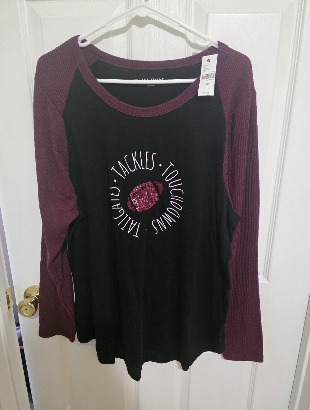 Lane Bryant Black Body with Burgundy Raglan Long-Sleeve Graphic Tee